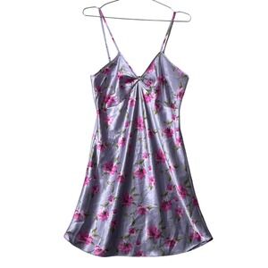Vintage Floral Satin Nightgown Womens Med Lavender Coquette Aesthetic Sleepwear
